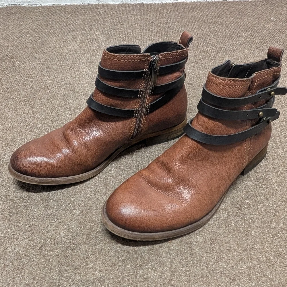 FRANCO SARTO (6.5M) Brown Ankle Biker Boots Flats with Black Straps Buckles